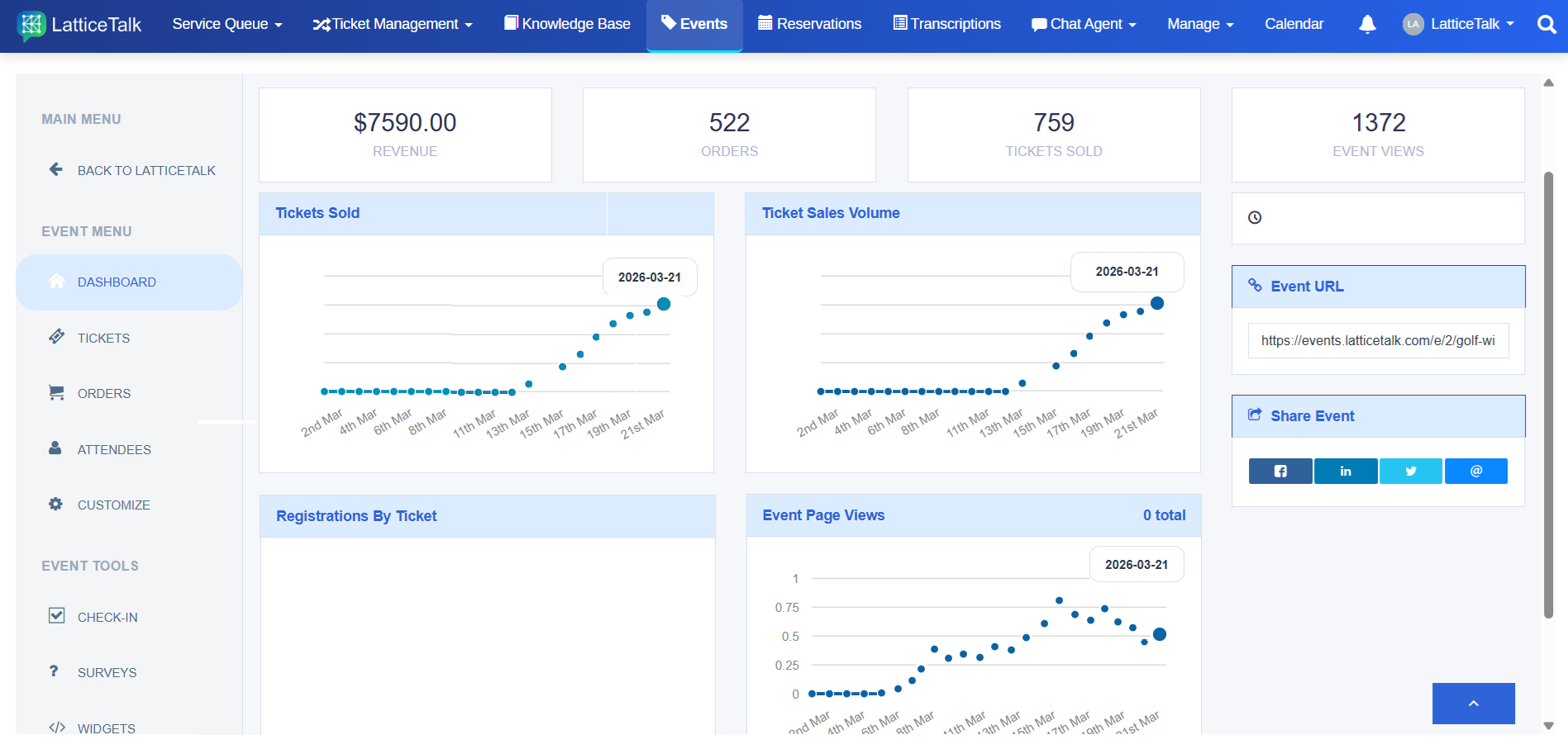 Event management dashboard and registration tools